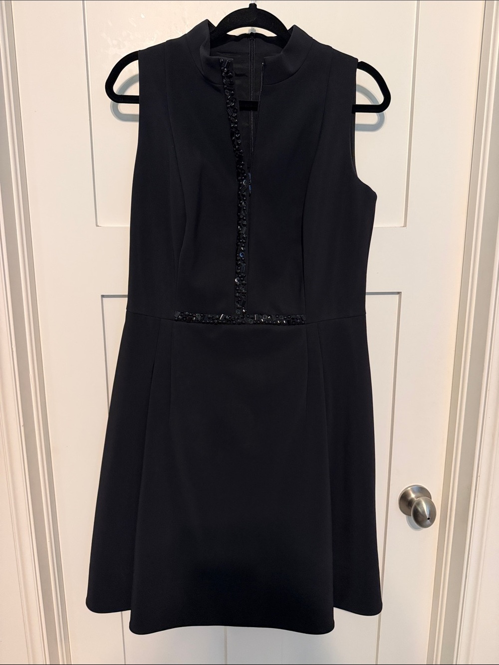 Akris Punto Black Sleeveless Mini Dress with Beaded Trim Size 12